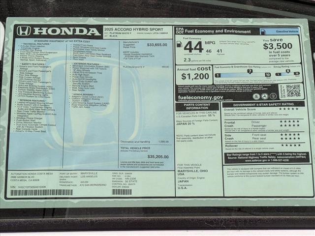 new 2025 Honda Accord Hybrid car, priced at $35,205