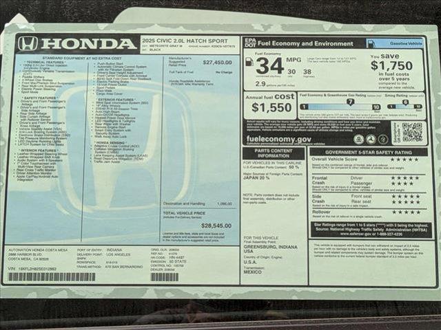 new 2025 Honda Civic car, priced at $28,545