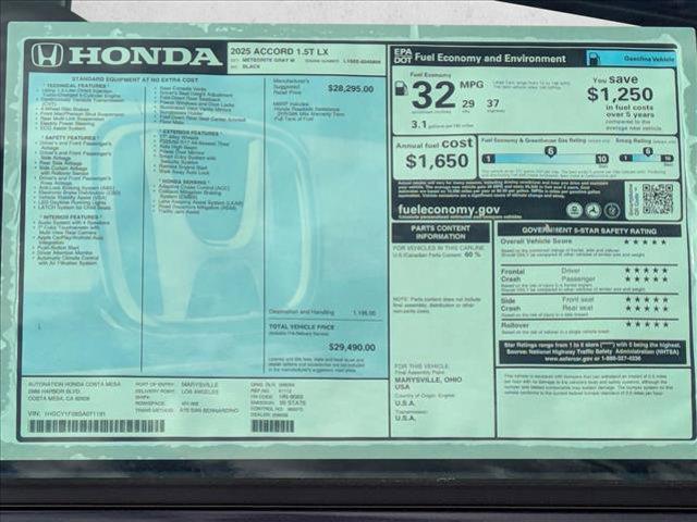 new 2025 Honda Accord car, priced at $28,573