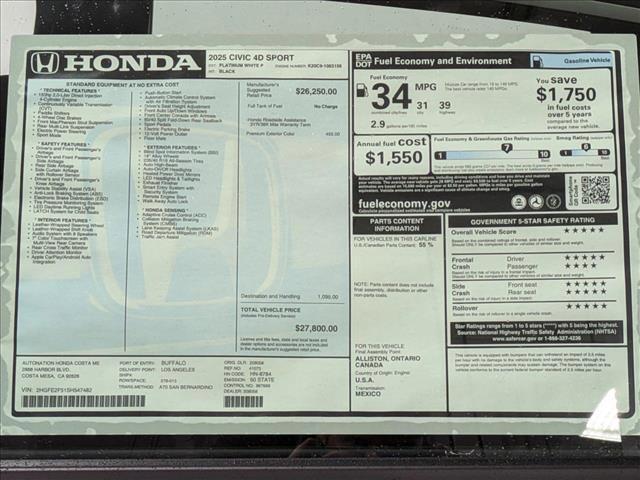 new 2025 Honda Civic car, priced at $27,800