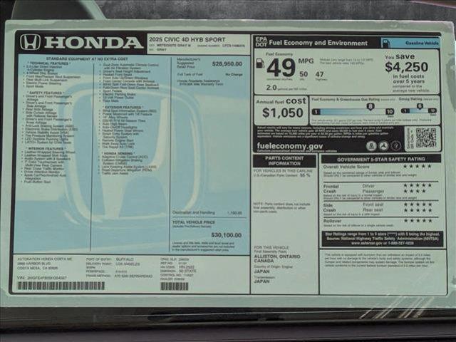 new 2025 Honda Civic Hybrid car, priced at $29,015