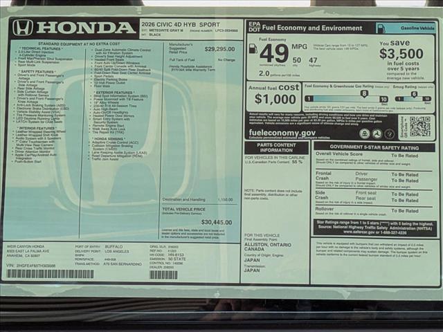 new 2026 Honda Civic Hybrid car, priced at $30,445