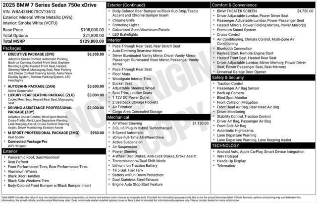 new 2025 BMW 750e car, priced at $130,545
