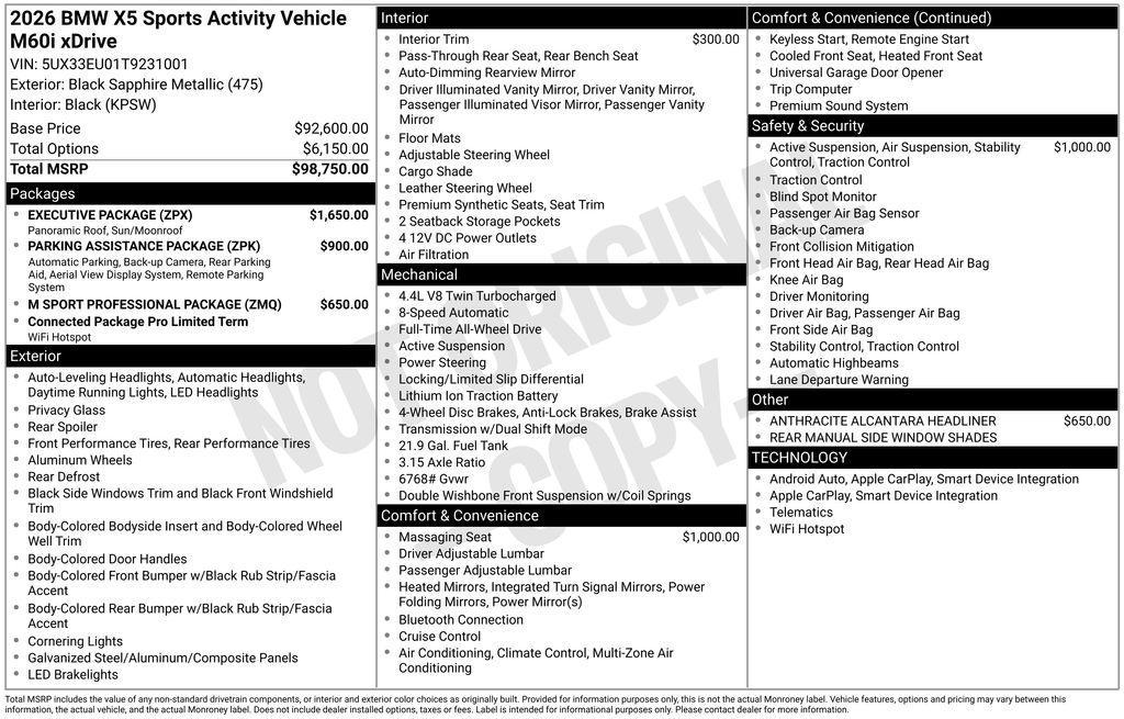 new 2026 BMW X5 car, priced at $99,925