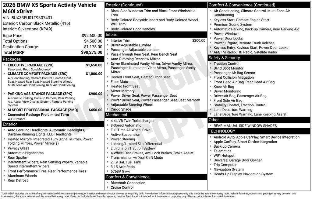 new 2026 BMW X5 car, priced at $98,925