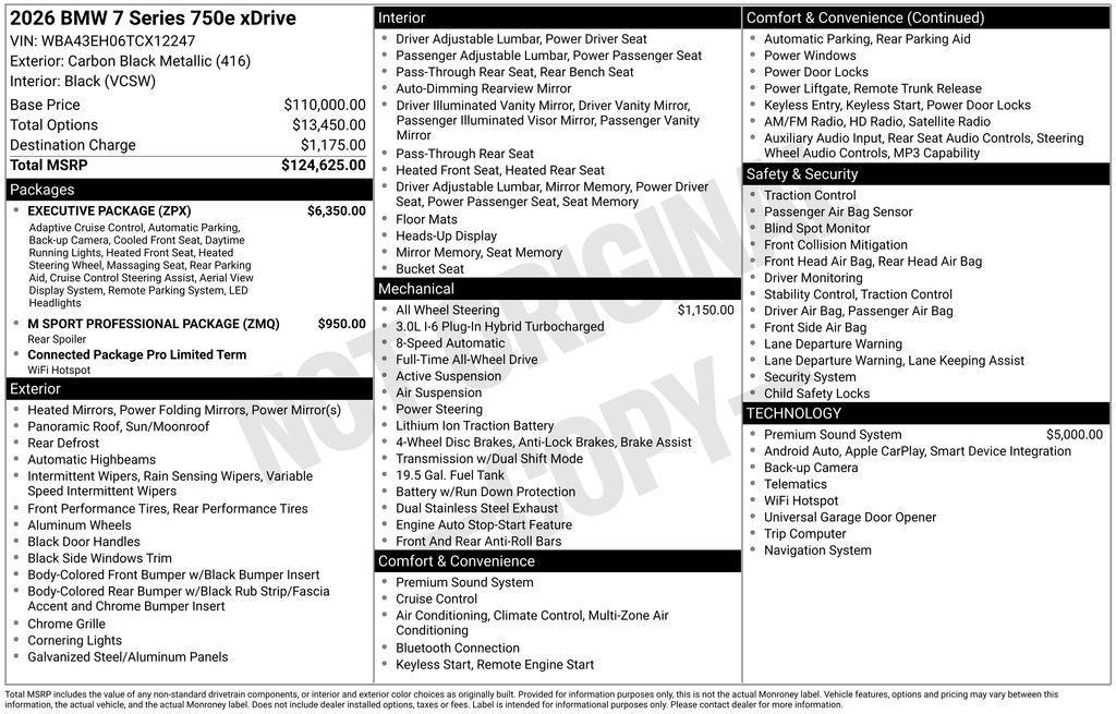 new 2026 BMW 750e car, priced at $124,710