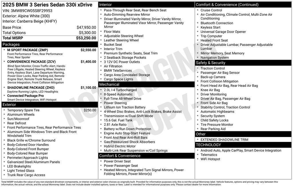 new 2025 BMW 330 car, priced at $54,545