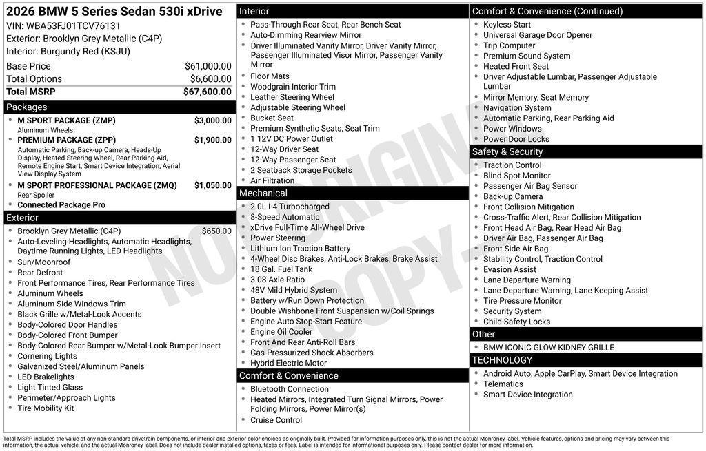 new 2026 BMW 530 car, priced at $69,190