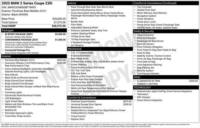 new 2025 BMW 230 car, priced at $48,765