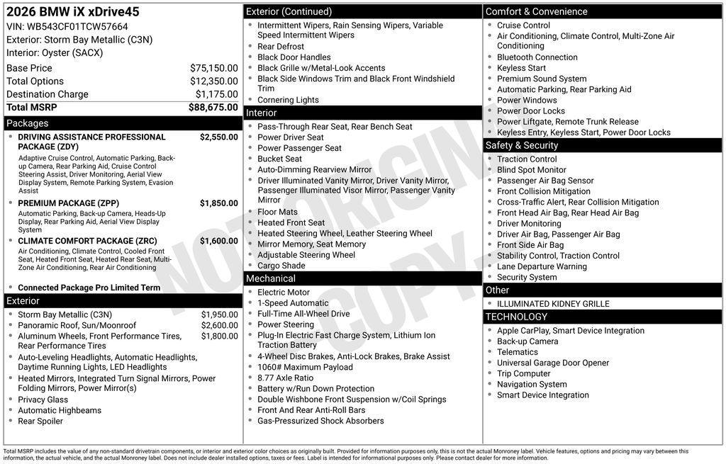 new 2026 BMW iX car, priced at $88,675