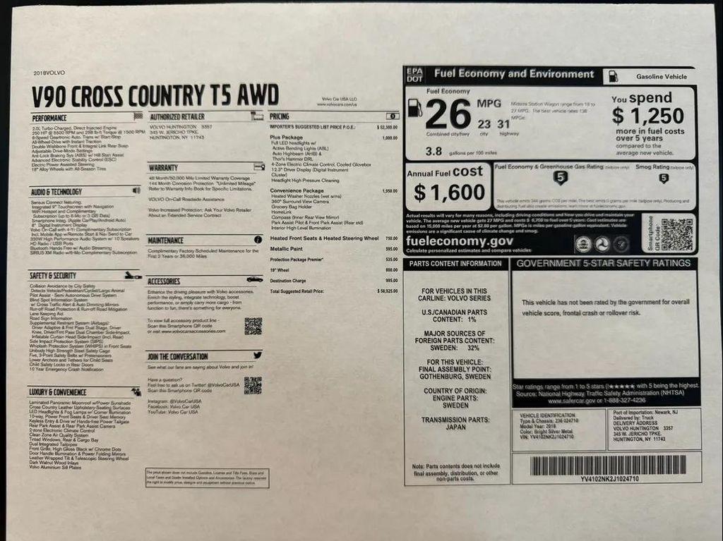 used 2018 Volvo V90 Cross Country car, priced at $19,680