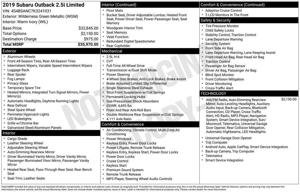 used 2019 Subaru Outback car, priced at $17,722