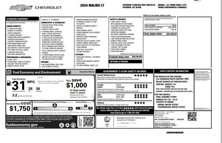 used 2024 Chevrolet Malibu car, priced at $20,780