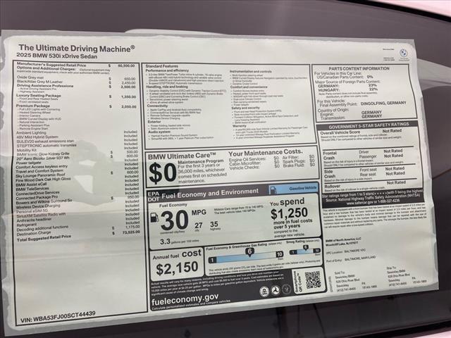 new 2025 BMW 530 car, priced at $73,525