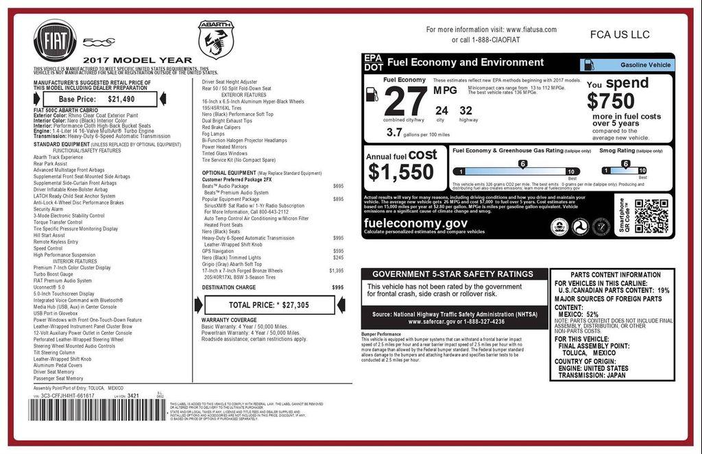 used 2017 FIAT 500 car, priced at $15,500